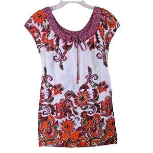 Fire LA Dress Women size M Floral Orange Pullover Shift Cotton Tropical Cruise